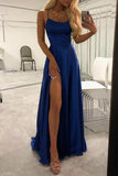 Royal Blue Spaghetti Strap A Line Prom Dresses Sexy Long Split Party Dresses OKJ90