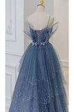 Dusty Blue Sparkly Tulle Beaded Prom Dress, Tiered Formal Gown With Rhinestone OK1932