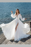 Boho Long Sleeves Wedding Dress for Seaside High Slit Side Beach Wedding Dress OK1591