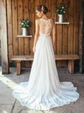 Elegant A-Line V Neck Spaghetti Straps Wedding Dress with Lace OKM90