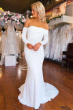 White Off-the-Shoulder Long Sleeves Mermaid Wedding Dress Beach Bridal Dress OK1567