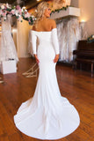 White Off-the-Shoulder Long Sleeves Mermaid Wedding Dress Beach Bridal Dress OK1567