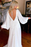 Simple White V-Neck Long Sleeves Backless Long Wedding Dress with Slit OK1588