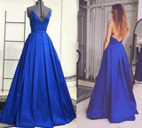 Royal Blue Backless Sexy A Line Long Simple Ball Gown Spaghetti Strap Prom Dress OK146