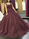 Burgundy Long Formal Ball Gown Prom Dress With Lace Applique OKK52