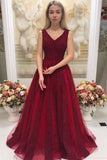 Burgundy V Neck Sleeveless Beaded Prom Dress Sweep Train Dresses OKO89