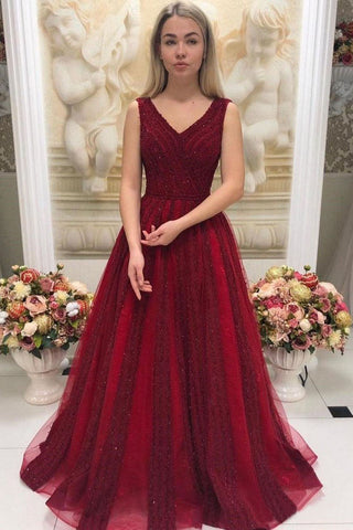 Burgundy V Neck Sleeveless Beaded Prom Dress Sweep Train Dresses OKO89