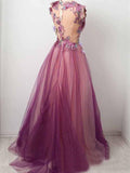 Tulle Flowers A Line Prom Dress Scoop Neck Appliques Party Dress OKP15