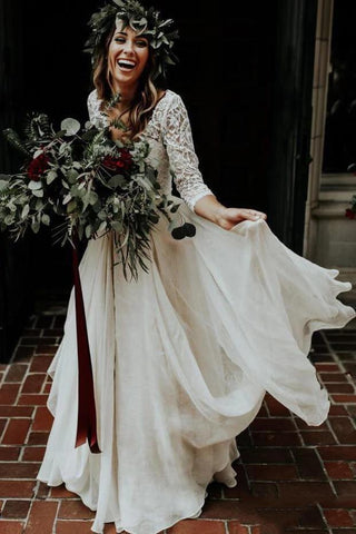 Boho Ivory Chiffon 3/4 Sleeves Two Piece Cheap Wedding Dresses OKN88