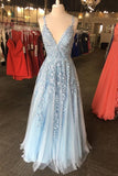 Spaghetti Straps Light Blue Elegant Long Lace Appliques Prom Dress OKX93