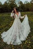 Deep V Neck Boho A-line Lace Long Sleeve Rustic Beach Wedding Dress OKY32