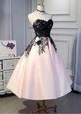 Cute Pearl Pink Sweetheart Tea Length Satin Homecoming Dress With Black Lace Applique OKZ55