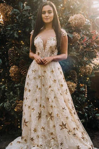 Cap Sleeve A Line Long Lace Prom Dress With Gold Stars OKH46