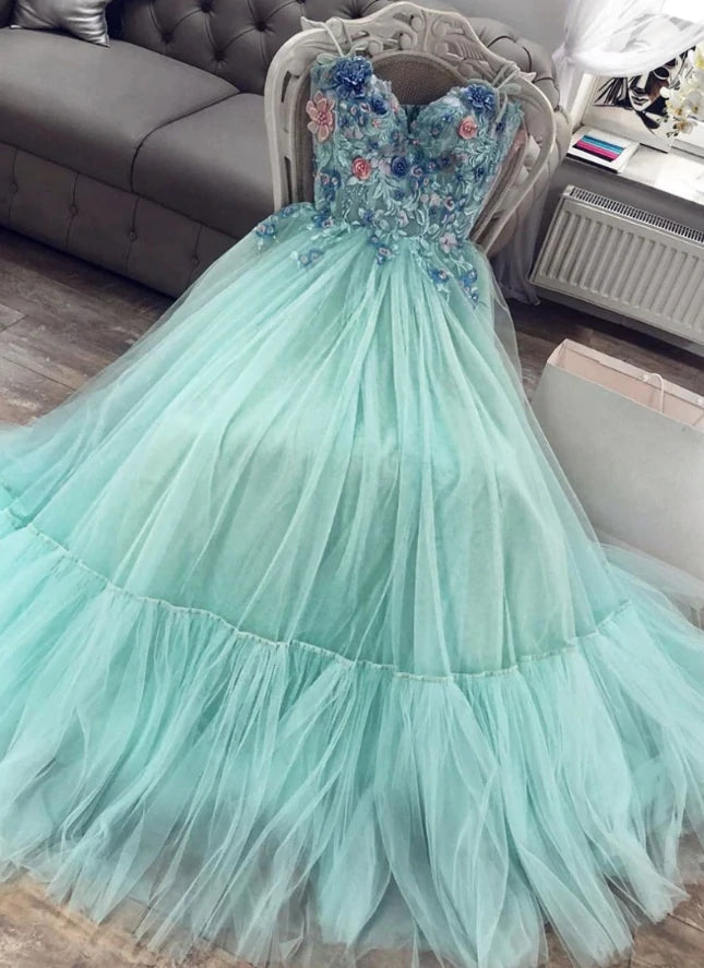 Mint Green Sweetheart Tulle Appliques A Line Long Prom Dress OK1324