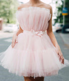 Strapless Pink Tulle Short Homecoming Dress Princess Sleeveless School Party Dress OK1508
