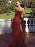 Red Tulle Strapless Split Front Ruffles Long Prom Evening Dresses OK1998