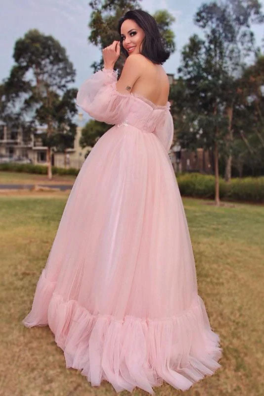 Pink A-Line/Princess Long Sleeve Floor-Length Tulle Applique Off-the-Shoulder Prom Dress OK1524