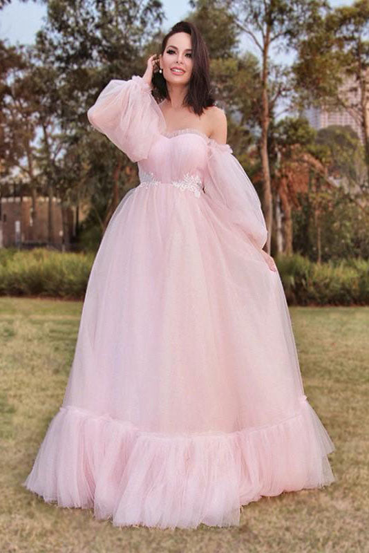 Pink A-Line/Princess Long Sleeve Floor-Length Tulle Applique Off-the-Shoulder Prom Dress OK1524