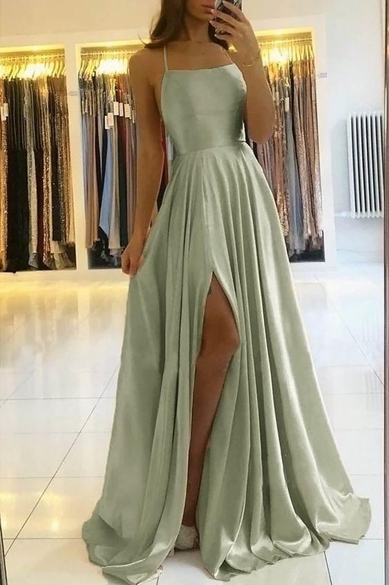 Simple A Line Sage Green Long Prom Dresses With Slit Evening Party Dress OKX79