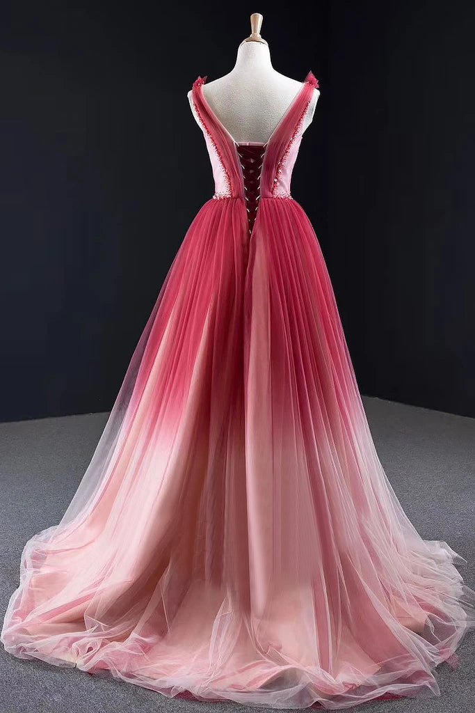Changing Ombre A-line Tulle Long Beaded Lace Up Back Prom Dress OKV46