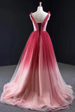 Changing Ombre A-line Tulle Long Beaded Lace Up Back Prom Dress OKV46