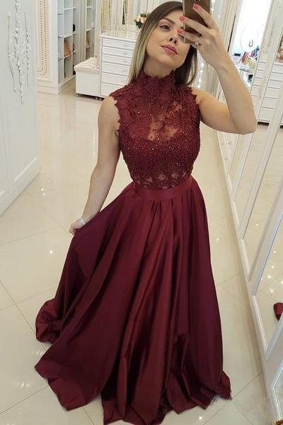 Cheap Maroon Lace Top Prom Dresses Long Burgundy Evening Gown with High  Neck OKI28 – Okdresses