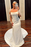 Off White Square Neck Long Sleeves Satin Mermaid Long Wedding Dress OK1614