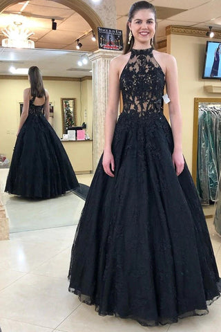 A Line Black Appliques Long Prom Dress Halter Formal Evening Dress OK1366