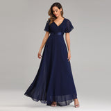 A Line Chiffon Short Sleeves Long V Neck Prom Dress XU90812