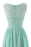 Mint Green V Neck Long Simple Pleated Bridesmaid Dresses with Lace  OKM57