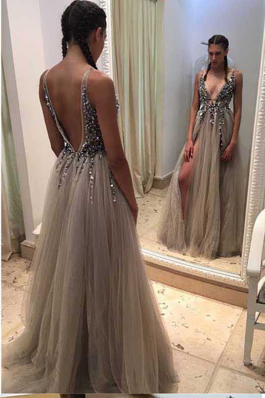 Sexy Deep V-neck Long A-line Tulle Backless Lace Prom Dress Women Dresses K769