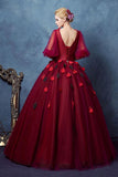 Dark Red Half Sleeves V Neck Ball Gown Prom Dresses with Rose Petal OKV7