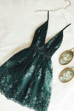 Cute Dark Green Spaghetti Straps V Neck Short Homecoming Dress OK1577