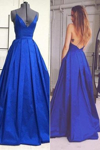 Royal Blue Backless Sexy A Line Long Simple Ball Gown Spaghetti Strap Prom Dress OK146