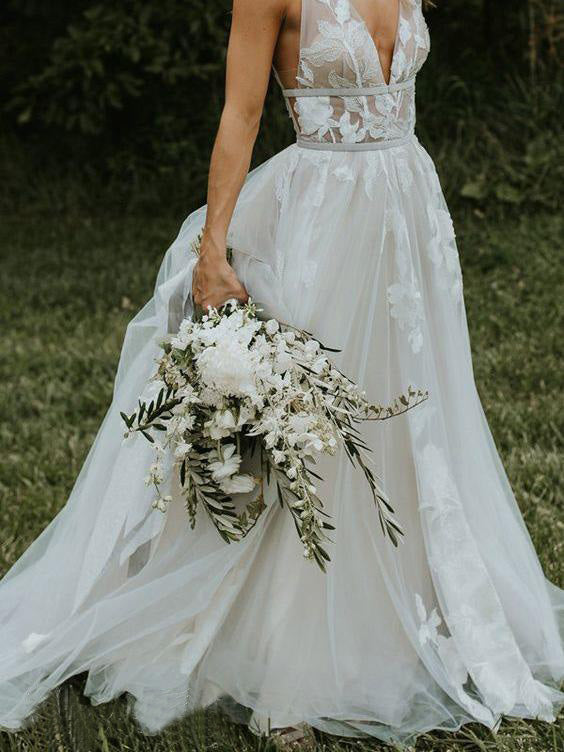 Deep V Neck Flower Applique Wedding Dress Ivory A Line Wedding Gowns OKP87
