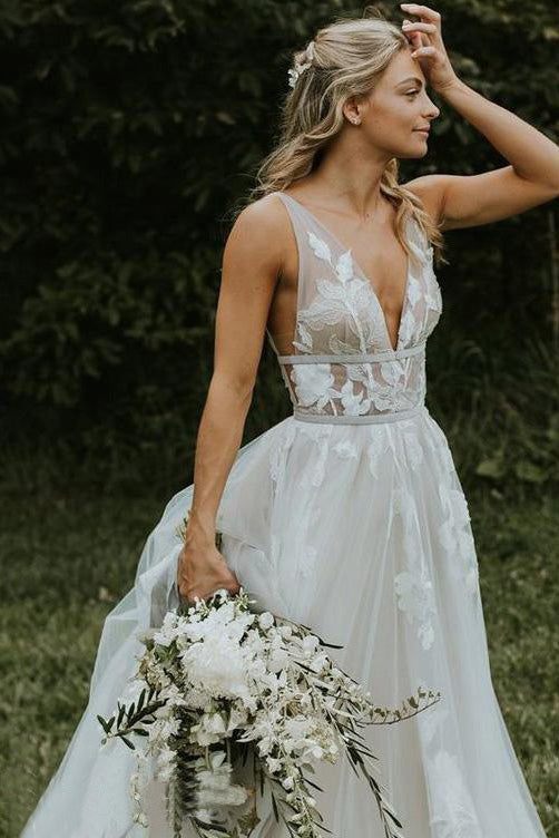 Deep V Neck Flower Applique Wedding Dress Ivory A Line Wedding Gowns OKP87
