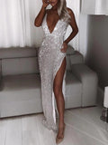 Deep V neck Silver Long Prom Dress HIgh Split Sparkly Formal Dress OK1403