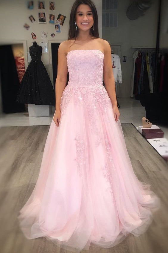 A-Line Strapless Pearl Pink Tulle Prom Dress with Lace Appliqued Beaded OK1266