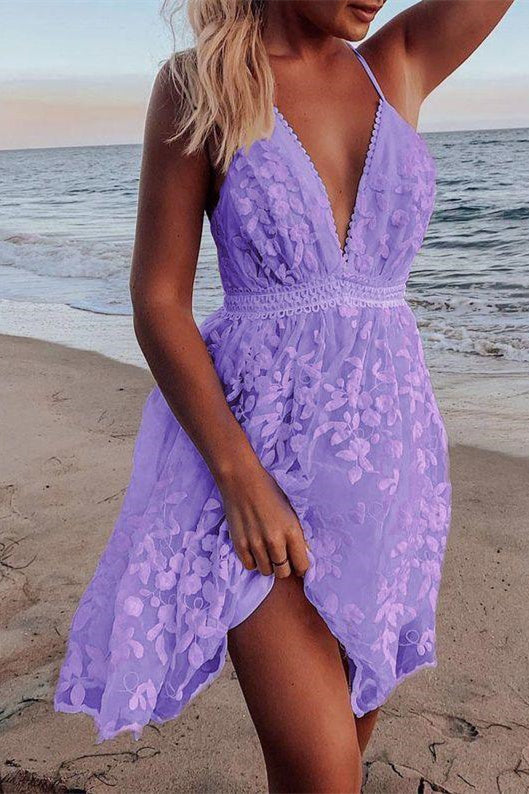 Floral Appliques Lace V Neck Spaghetti Strap Purple Short Homecoming Dress OK1598