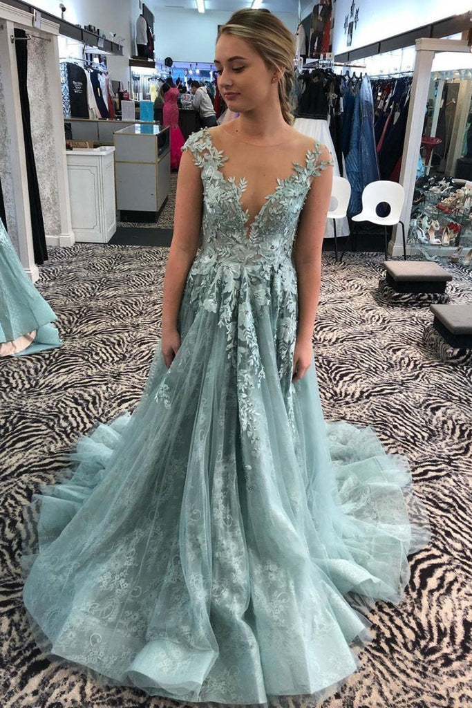 Illusion Neckine A Line Cap Sleeves Prom Dress Lace Appliques Formal Evening Gown OK1261