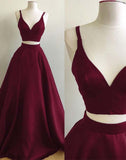 Simple Black Burgundy Satins V-neck Two Pieces A-line Prom Dress OK131