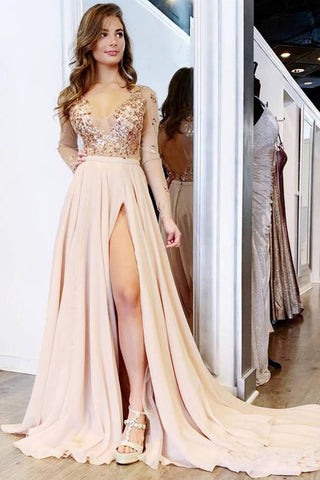 Long Sleeve See Through V Neck Prom Dress Side Slit Formal Prom Party Dress OKH65