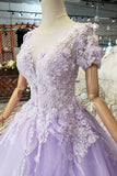 Lilac Ball Gown Short Sleeves Prom Dress with Lace, Quinceanera Dress OKL41