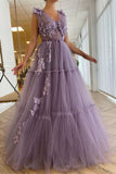 Elegant Tulle A-line Long Prom Dress Sheer V Neck 3D Flowers Evening Gowns OKV54