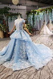 Princess Light Sky Blue Prom Dresses with Flowers, Ball Gown Quinceanera Dress OKP50