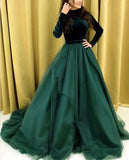 Dark Green A-line Satin Long Sleeves Prom Dress Evening Dress OKT91