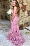 Elegant Spaghetti Straps Mermaid Lace Appliques Prom Dress OKX31