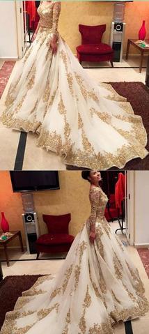 V-Neck Prom Dresses With Appliques,Long Sleeves Ball Gowns Wedding Dresses With Chapel Train OK499