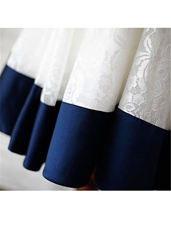 A-line Scoop Sleeveless Bowknot Floor-Length Lace Flower Girl Dress With Navy Sash OK723