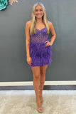 Stunning Purple Beaded Spaghetti Straps Feathered Mini Homecoming Dress OK1531